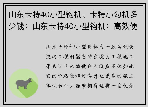 山东卡特40小型钩机、卡特小勾机多少钱：山东卡特40小型钩机：高效便捷的工程利器